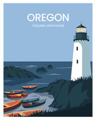 Wall Mural - travel poster yaquina Head lighthouse on the Oregon Coast landscape vector illustration with minimalist style.