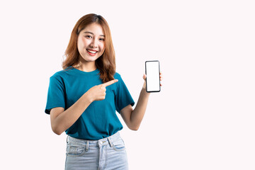 Cute Asian woman holding a cell phone and gesturing isolated on white background.