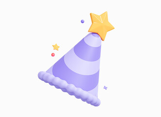 3D Birthday party hat with star. Surprise festive decoration. Purple striped celebration cap. Happy new year cone. Cartoon creative design icon isolated on white background. 3D Rendering