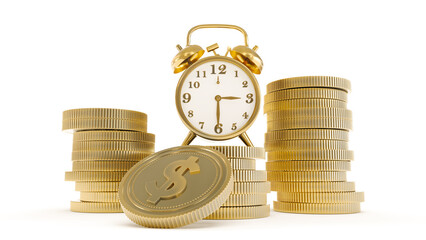 Gold old alarm clock and dollar coins isolated on white background. time is gold concept, 3d render