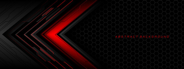 Abstract red grey metal black cyber circuit futuristic technology geometric on hexagon mesh design modern background vector