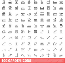 Wall Mural - 100 garden icons set. Outline illustration of 100 garden icons vector set isolated on white background