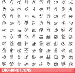 Poster - 100 hand icons set. Outline illustration of 100 hand icons vector set isolated on white background