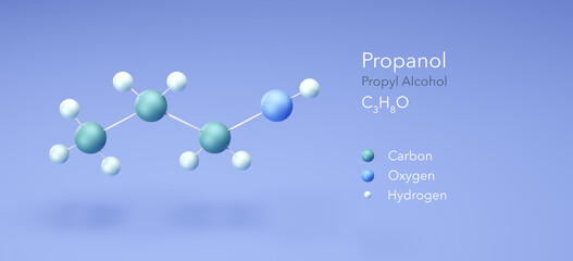 Sticker - propanol, propyl alcohol. Molecular structure 3d rendering, Structural Chemical Formula and Atoms with Color Coding, 3d rendering