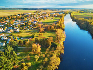 Poster - Autumn forest and river Vienne near medieval castle of Les Ormes, France