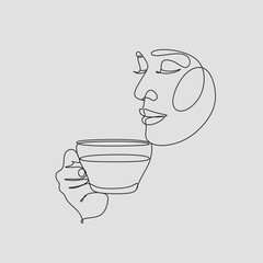 Canvas Print - Woman with coffee mug cup line art. Abstract girl with cup minimal logo. Cafe logo. Woman with tea mug	