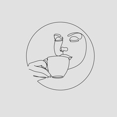 Canvas Print - Woman with coffee mug cup line art. Abstract girl with cup minimal logo. Cafe logo. Woman with tea mug	