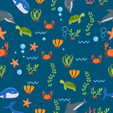 Fototapeta Dinusie - Cute dolphin pattern. Funny whale cartoon, seaweed print. Sea wildlife, underwater world vector seamless texture