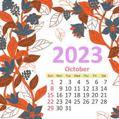 Wall Mural - floral calendar 2023, october. colorful blooming frame