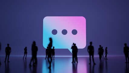 3d rendering people in front of symbol of rounded chat bubble on background