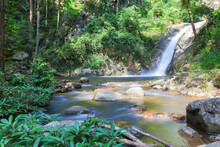 A Famous Travel Spot, Chae Son Waterfall  In Chae Son National Park In Lampang, Northern Of Thailand