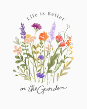 Garden Calligraphy Slogan With Colorful Flowers Bouquet Vector Illustration