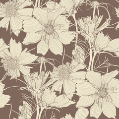 Wall Mural - Seamless flower pattern background with line Cosmos flower and leaf drawing illustration.