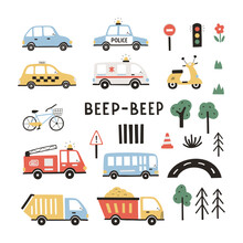Set Of Different Cute Transport And Traffic Elements. Colorful Cartoon Hand Drawn Illustrations For Kid Clothes, Posters, Invitation. Simple Kid Clipart