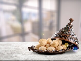 Wall Mural - Pile of roasted nuts. Shelled kernels. Package design element