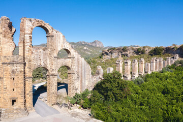 Wall Mural - Roman aqueduct at Aspendos. Tower for turning water. Ruin. Turkey. Aerial photography. View from above