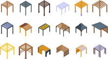 Pergola Icons Set Isometric Vector. Park Gazebo. Wooden Alcove