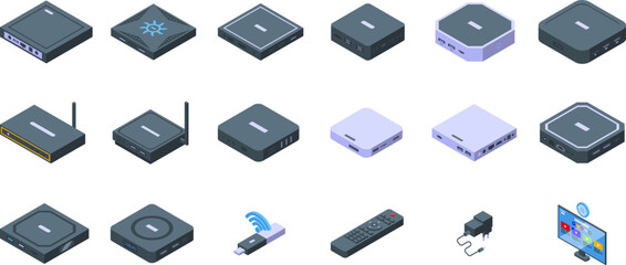 Wall Mural - Smart TV box icons set isometric vector. Remote cable. Controller device