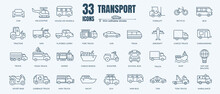 Transport Icon Set With Editable Stroke And White Background. Thin Line Style Of Bus, Car, Truck And Train Stock Vector.
