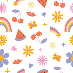 Vintage seamless pattern in retro hippie style in the style of the 70s and 80s. Flowers, daisies, rainbows, stars. Pastel concept. Danish style. Vector flat cartoon illustration.