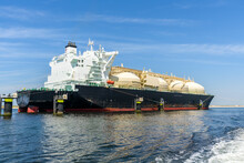 Large Tanker Ship For Transporting Liquefied Natural Gas In A Harbour