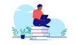 Minority education - Black man sitting on books with computer studying and learning. Flat design vector illustration with white background