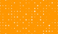 Seamless Background Pattern Of Evenly Spaced White Quatrefoil Symbols Of Different Sizes And Opacity. Vector Illustration On Orange Background With Stars