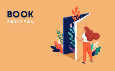 Wall Mural - Book festival concept. Young woman opening a huge open book surrounding the many flowers, leaves, plants. Back to school, library concept design. Vector illustration, poster and banner