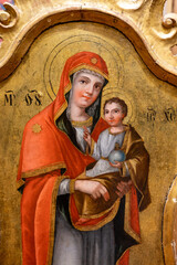 Canvas Print - Icon of the Mother of God with Infant Jesus painted around 1780-1790. Part of an iconostasis on display in the Zemplín Museum in Michalovce, Slovakia. 2021/06/13. 