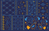 Fototapeta  - Dark blue background with Ukrainian ethnic prints. Modern ethnic floral ornamental pattern. Hand drawn abstract organic shapes print. 