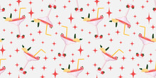 Seamless Pattern With Cocktail Glasses With Lemon And Strawberries. Cute Background With Pink Cocktail. 
