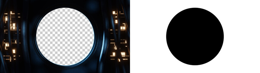 background with clipping path and alpha channel of a round window seen from inside a spaceship or sc