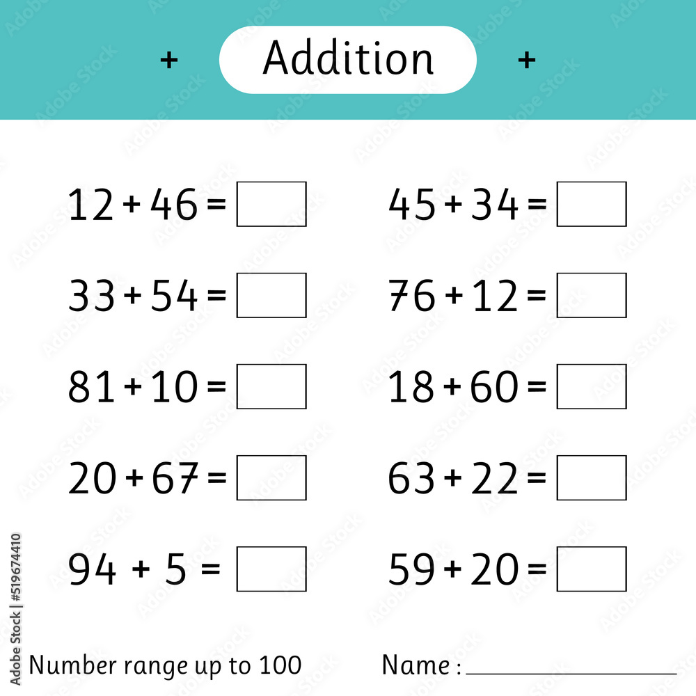 Addition. Number range up to 100. Math worksheet for kids. Solve ...