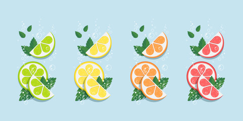 Slices of citrus fruits and mint leaves. Fresh, sparkling, cool, colorful flat vector illustration. Best for web, print, branding design and promotion.