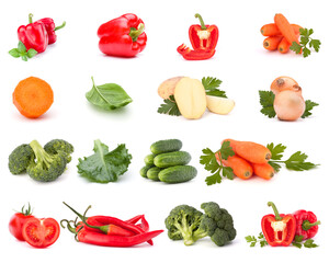 Wall Mural - Vegetables collection isolated over white background. Set of different fresh raw veggies. Food ingredient. Healthy food concept. .