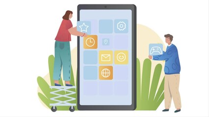 App development concept. Moving male and female programmers create user friendly design of interface or main page with program icons. Coding and creating digital product. Graphic animated cartoon