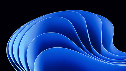 Blue wavy abstraction shape on black background. 3D rendered illustration of trendy modern image in Windows 11 style