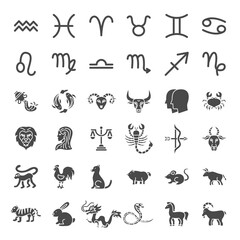 Wall Mural - Zodiac Horoscope Solid Web Icons. Vector Set of Chinese Year Glyphs.