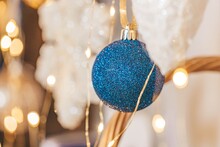 Close-up, Blue Ball On Blurred Christmas Background
