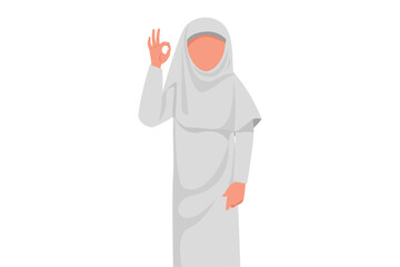 Wall Mural - Business design drawing Arab businesswoman gesturing ok sign with fingers. Okay symbol for accepting or approval new business idea or project. Successful worker. Flat cartoon style vector illustration