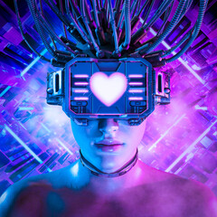 Wall Mural - cyberpunk valentine - 3d illustration of beautiful science fiction female character wearing futurist