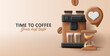 3d illustration of coffee machine with glass clock and mugs, time for coffee banner
