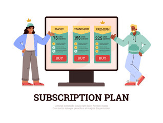 Wall Mural - People showing available subscription plans on computer screen, banner flat vector illustration.