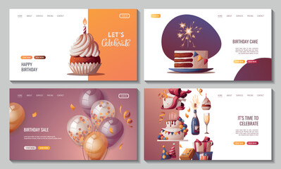 Canvas Print - Set of web pages with Birthday cake, balloons, champagne, cupcake, gifts, caps, confetti. Birthday party, celebration, holiday, event, festive, bakery, tasty food concept. Vector illustration. 