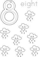 Wall Mural - Flashcard number 8. Preschool worksheet. Black and white cute rainy clouds.