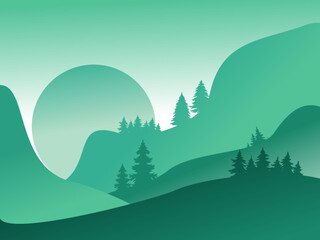Vector illustration. of mountain landscapes in a flat style. Natural wallpapers. Organic minimalis. Sunrise, misty terrain with slopes, mountains near the forest. Clear sky