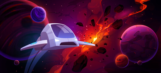 Wall Mural - spaceship flying in outer space with planets, explode star and glowing nebula in dark sky. interstel