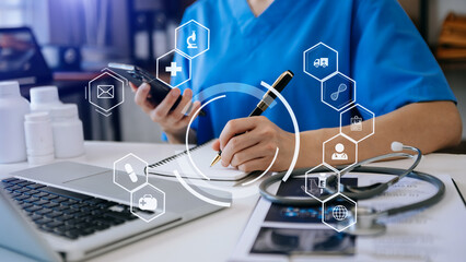 Medicine doctor woman hand working with  computer virtual dashboard as medical network concept Health care and medical..