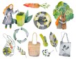 Collection of Zero Waste durable and reusable items or products - glass jars, eco grocery bags, wooden cutlery, comb, toothbrush and brushes, thermo mug. Watercolor set illustration 
