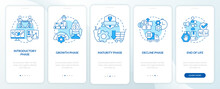 Stages Of Product Lifecycle Blue Onboarding Mobile App Screen. Walkthrough 5 Steps Editable Graphic Instructions With Linear Concepts. UI, UX, GUI Template. Myriad Pro-Bold, Regular Fonts Used